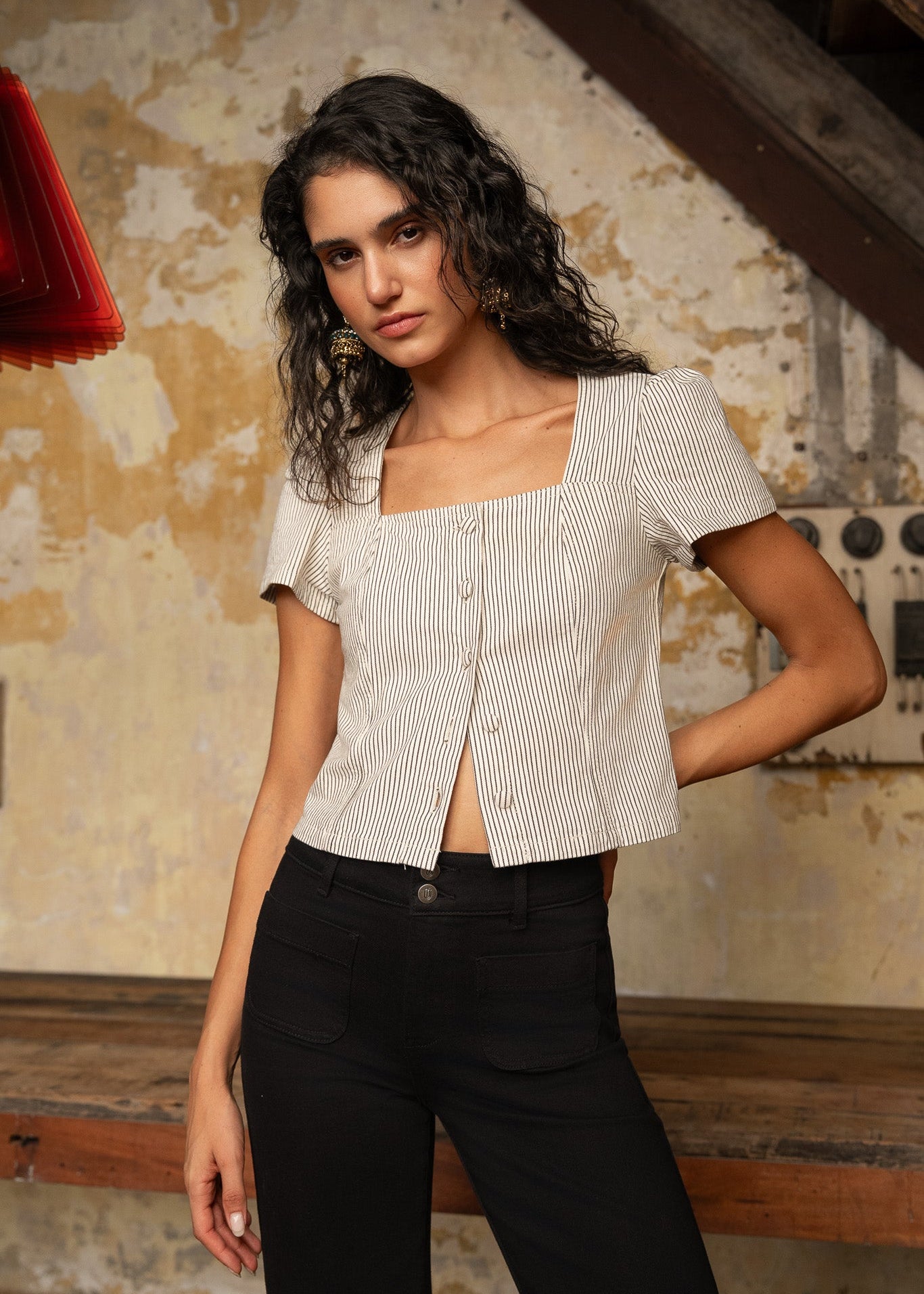 Haut Timeo - denim rayé taupe