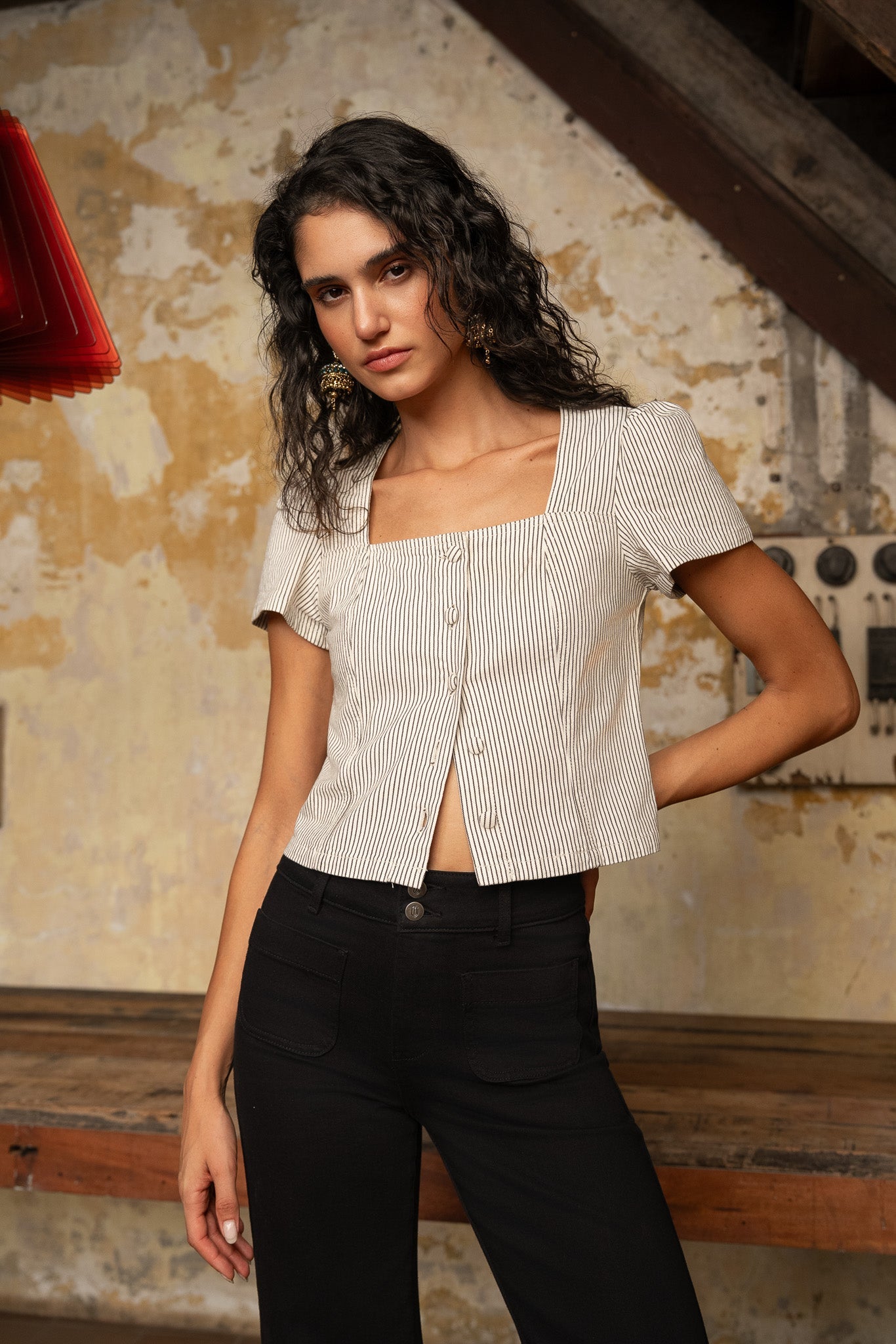 Haut Timeo - denim rayé taupe