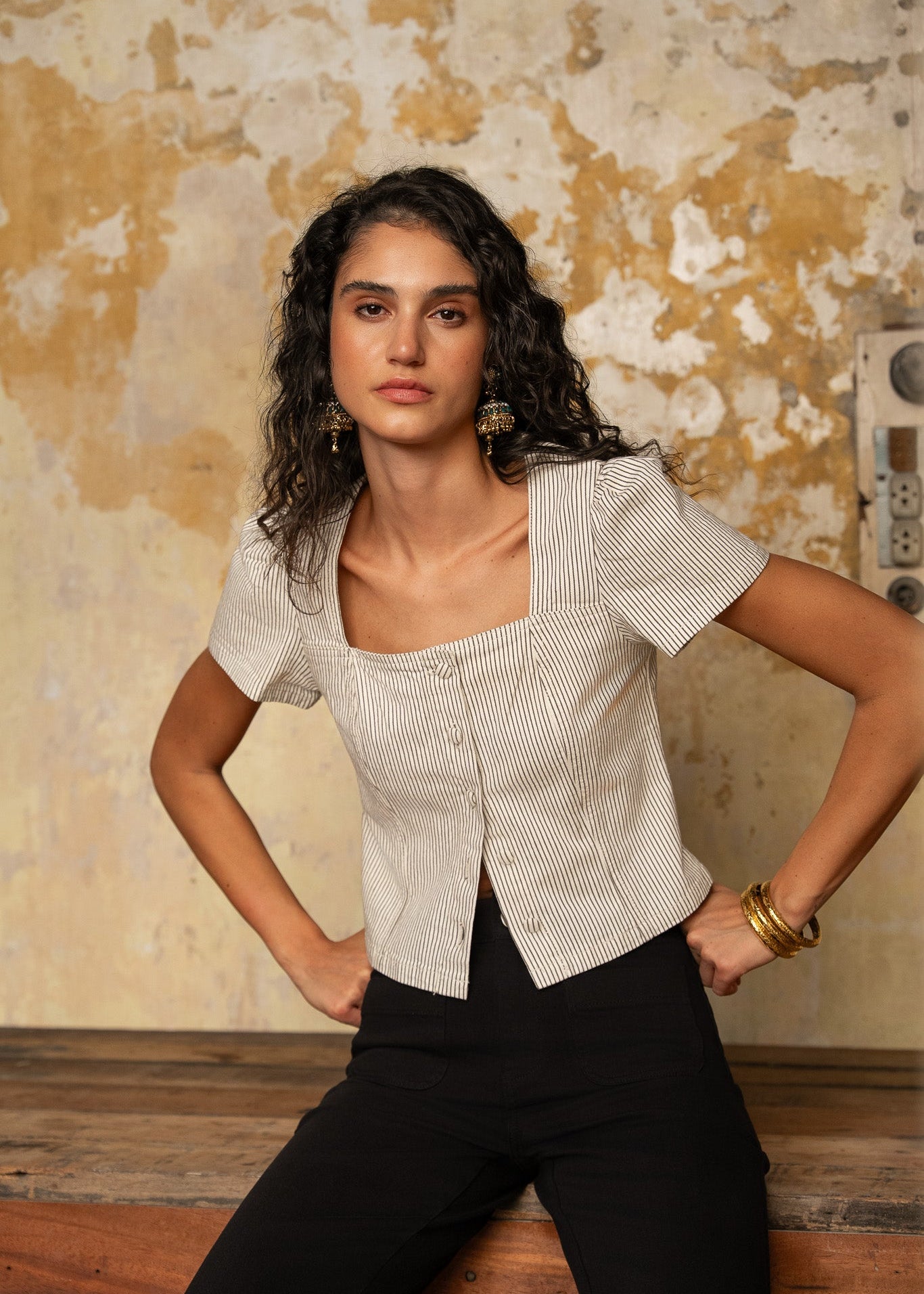 Haut Timeo - denim rayé taupe