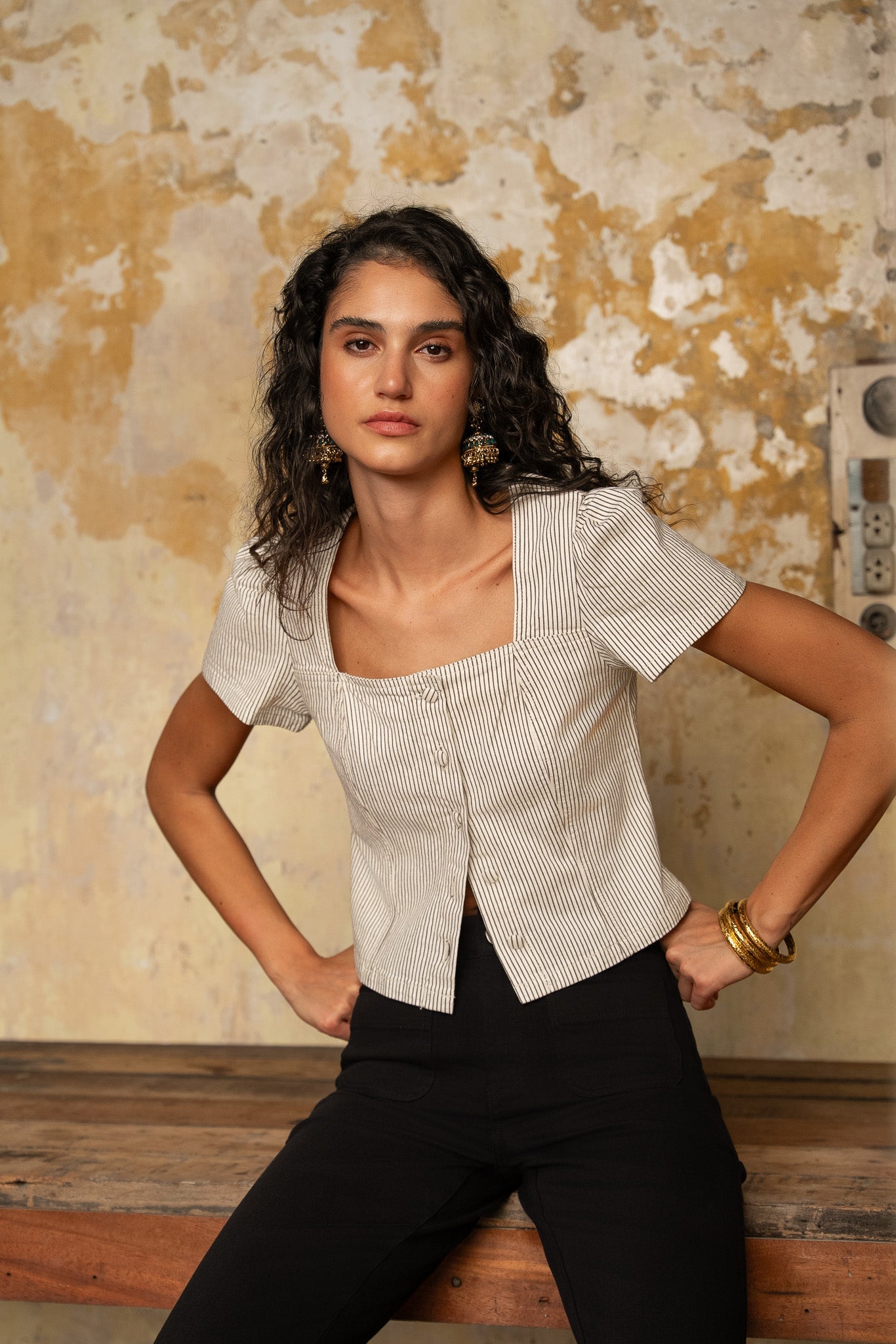 Haut Timeo - denim rayé taupe