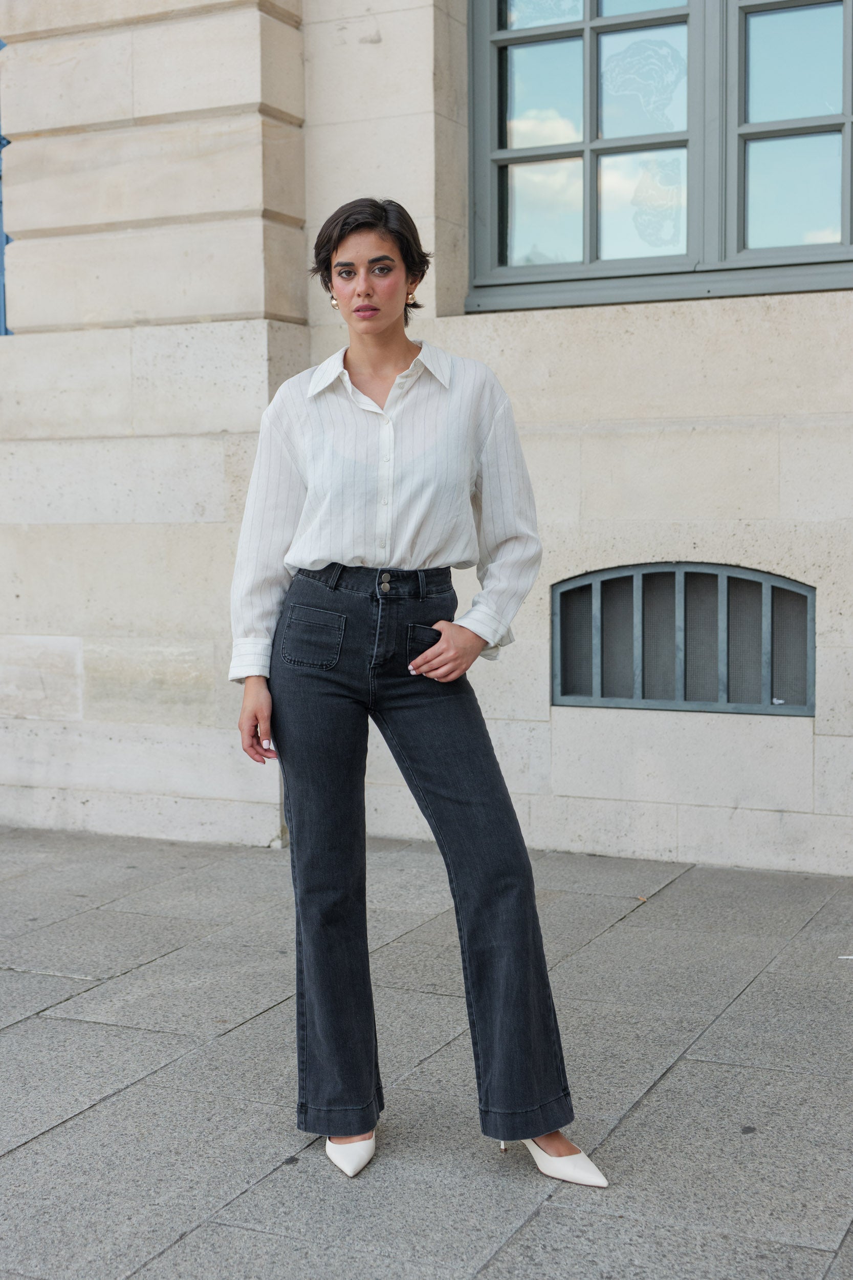 Jean Elena – Jean Flare Long en Denim Gris Moyen
