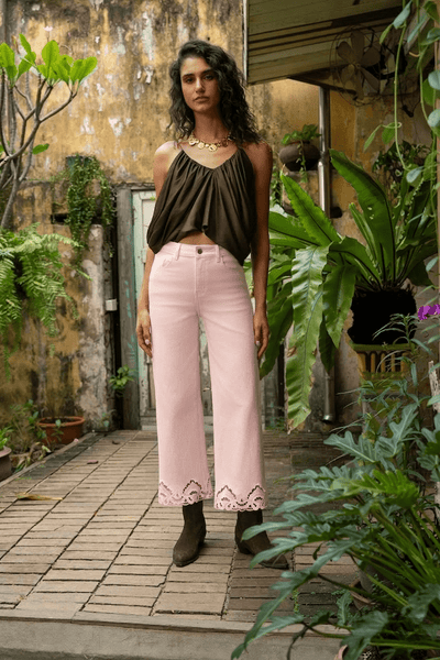Jean Nola pink denim – Wide leg with eyelet embroidery • Oraije Paris