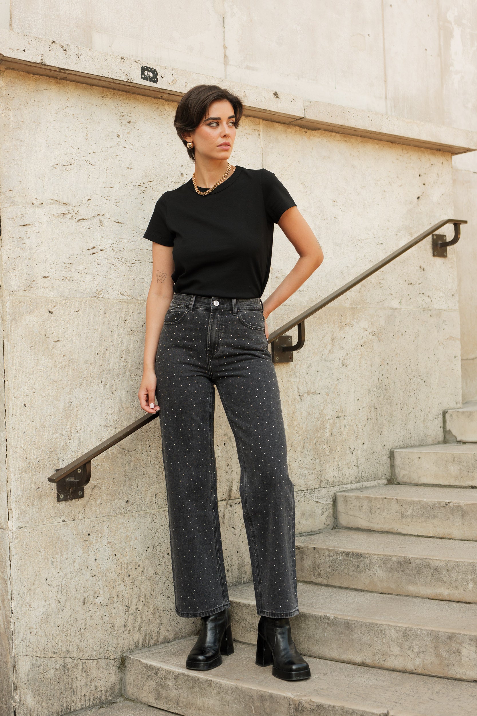 Jean Rawlin denim gris – Coupe wide leg à strass
