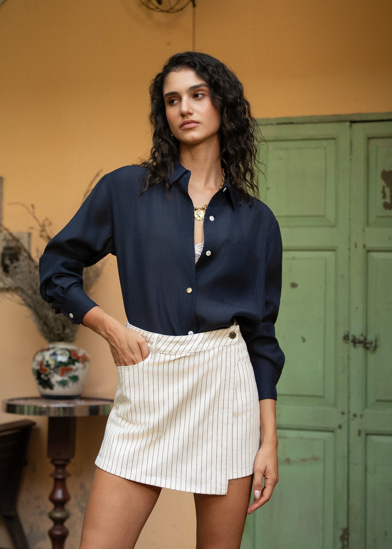 Jupe - short Jadene - denim rayé naturel