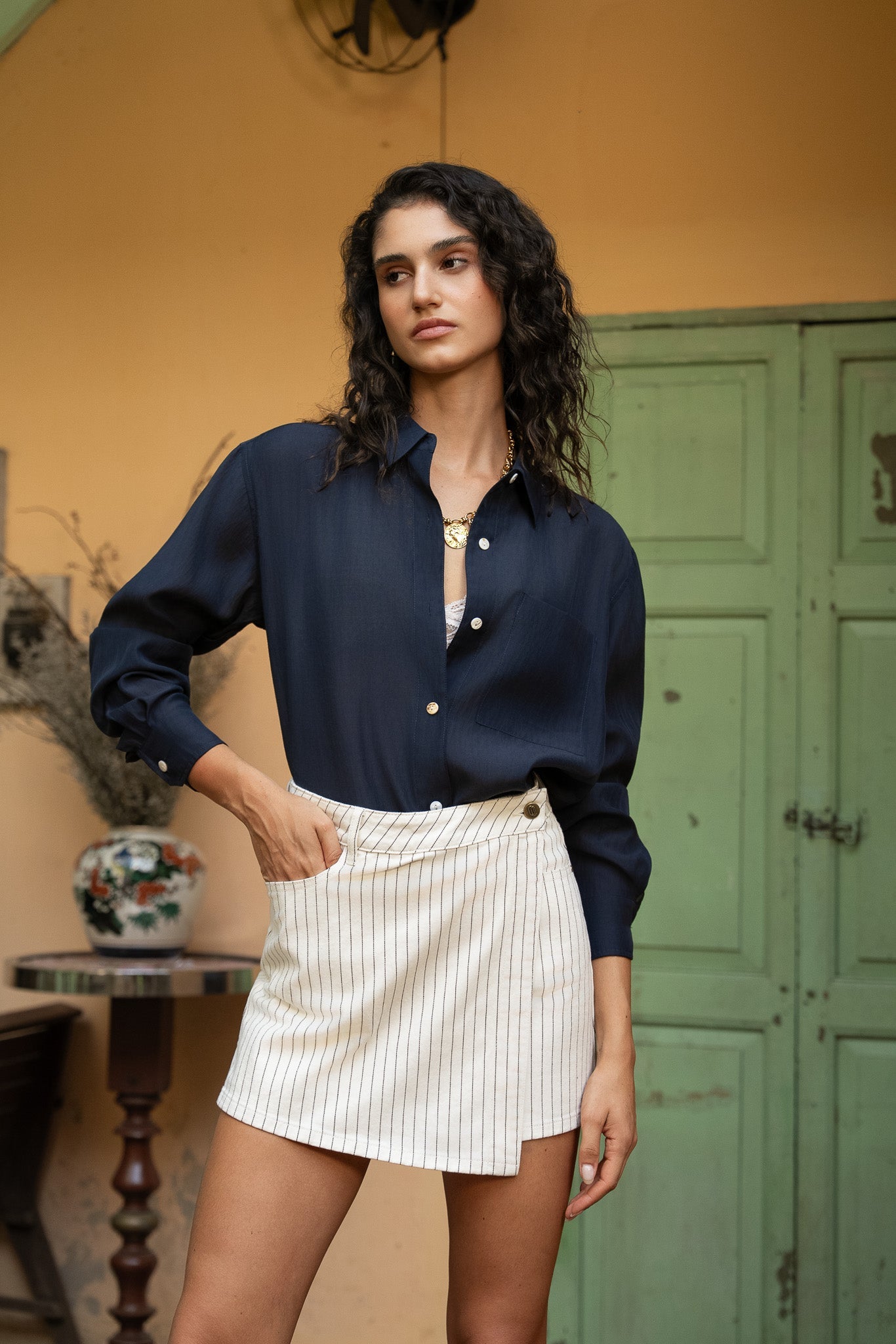 Jupe - short Jadene - denim rayé naturel